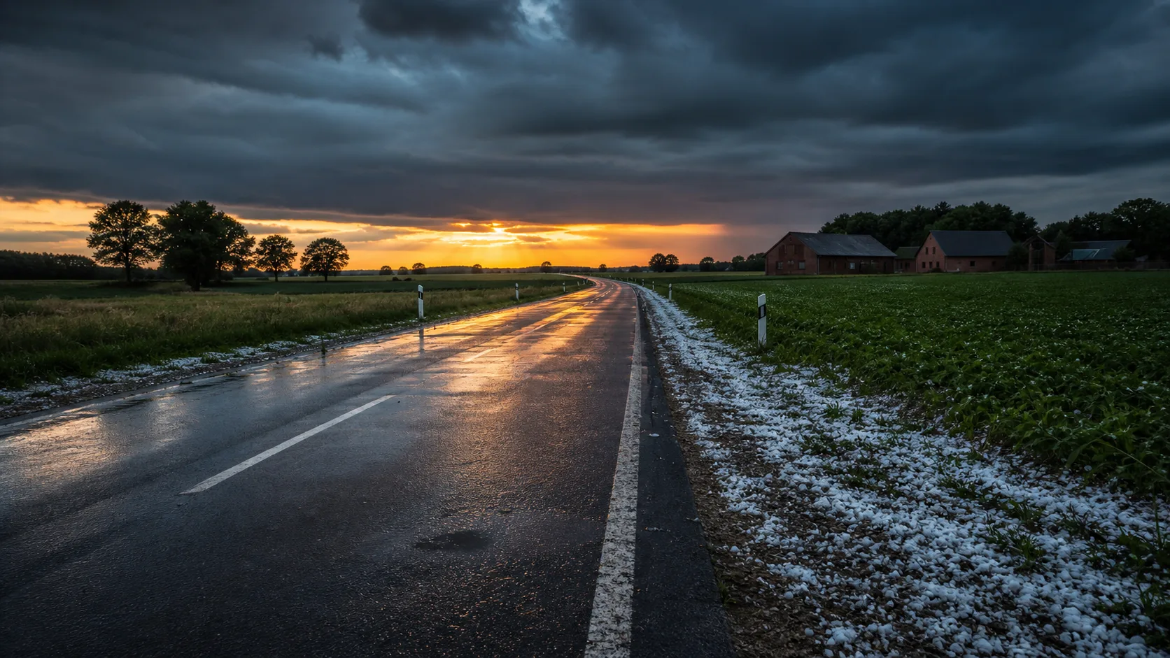 Niedersächsische Landstraße nach einem Hagelsturm
