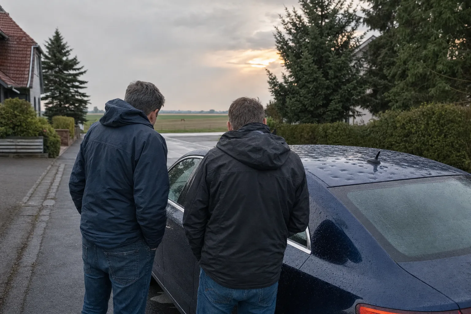 Zwei Menschen begutachten nach einem Unwetter einen Hagelschaden am Auto